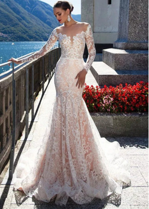 Long Sleeve Ivory Lace Tulle See Through Back Wedding Dress Long Sleeve Ivory Lace Tulle See Through Back Wedding Dress